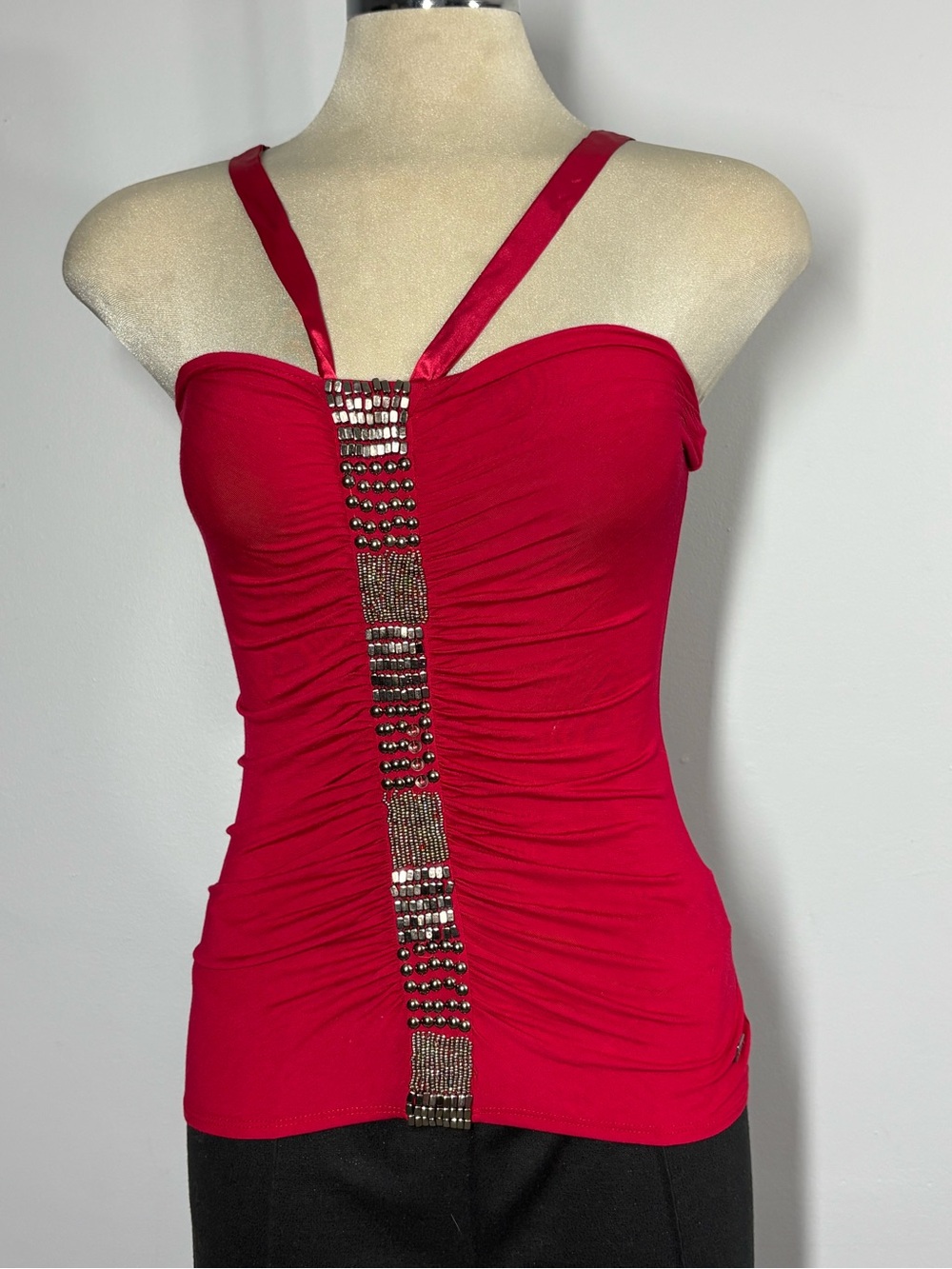 Buffalo David Bitton Red Ruched Strapless Top with Beaded Center